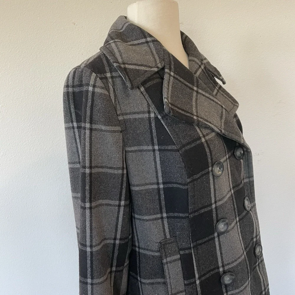OLD NAVY Women's Gray Black Plaid Double Breasted Peacoat Jacket Medium Wool Bld